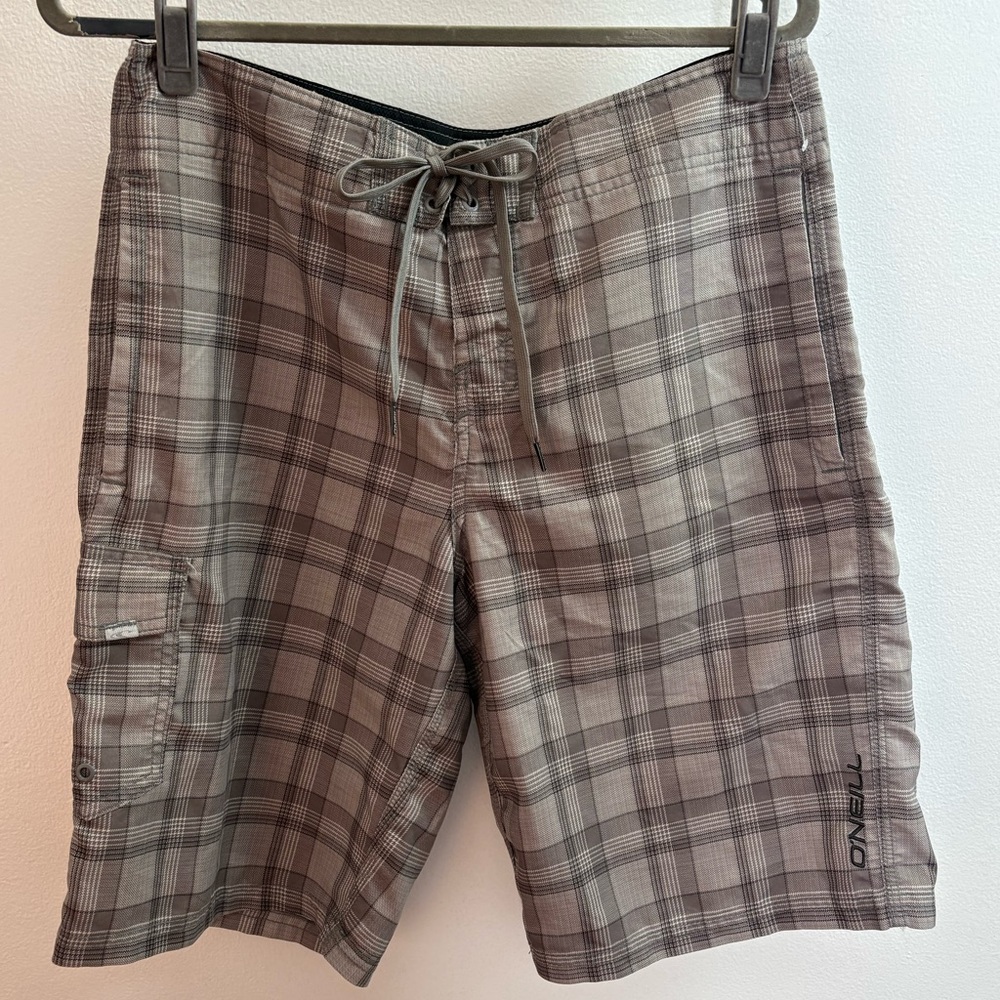 O’Neill Hybrid Gray Plaid Board Shorts 32
